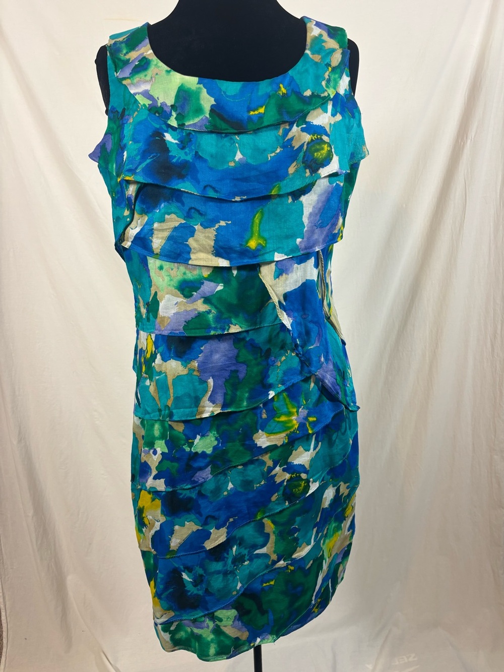 Calvin Klein Size 14 Watercolor Tiered Ruffle Shift Dress Blue Green Cocktail